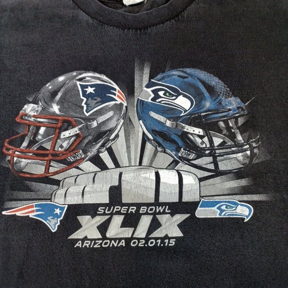 Super Bowl XLIX Men's Size 2XL Patriots Seahawks Black Majestic NFL T-Shirt 2015 - Picture 3 of 7